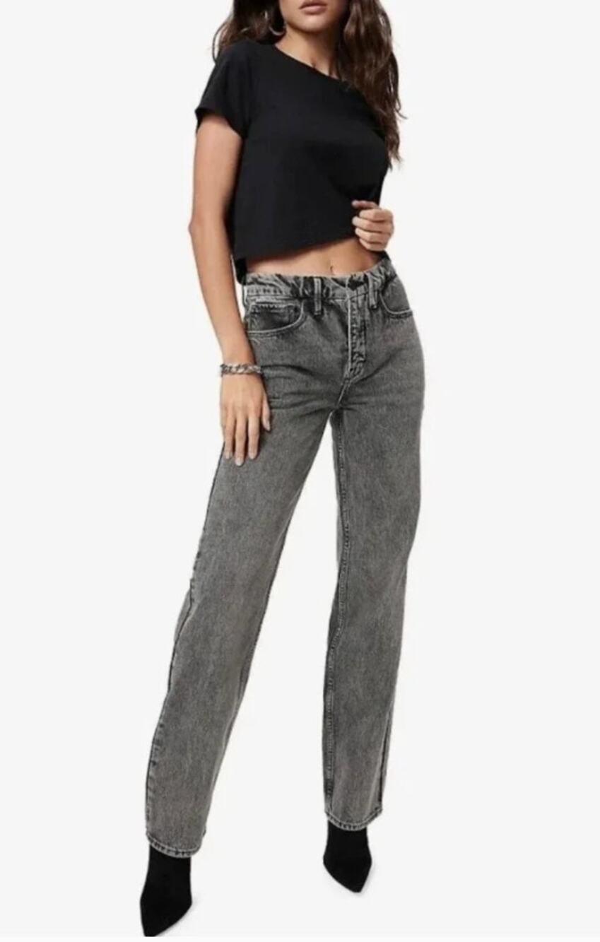 Good American Good Icon Loose Straight Jeans High Rise Faded Black Gray 0 25